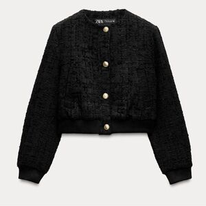 Zara Black Tweed Cropped Jacket with Gold Buttons